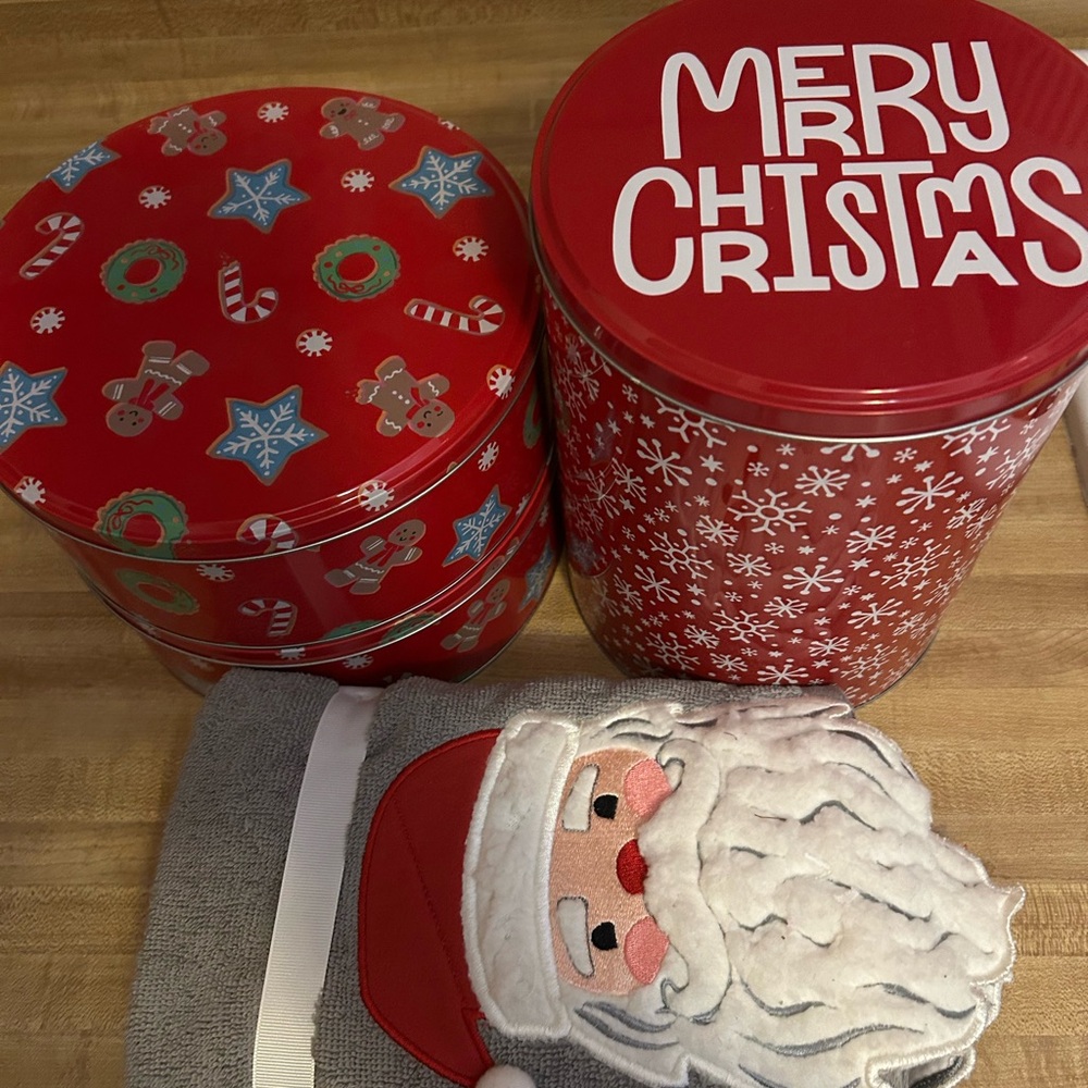 Merry Christmas Red Holiday Tin Set & Santa hand towels.